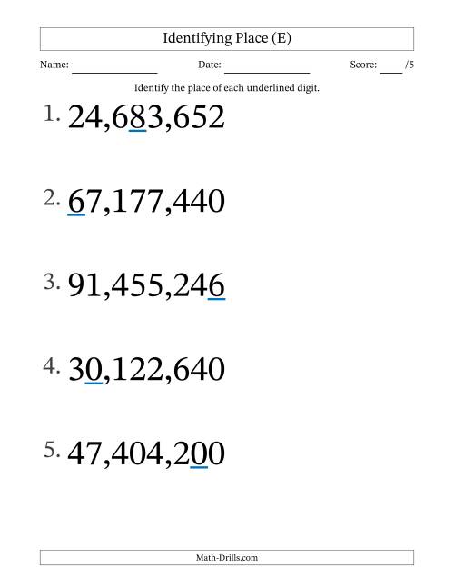 The Identifying Place from Ones to Ten Millions (Large Print) (E) Math Worksheet