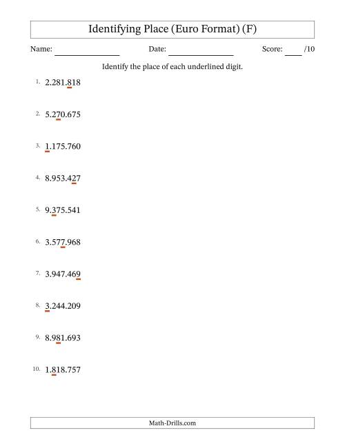 The Euro Format Identifying Place from Ones to Millions (F) Math Worksheet