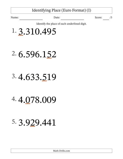 The Euro Format Identifying Place from Ones to Millions (Large Print) (I) Math Worksheet