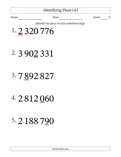 The SI Format Identifying Place from Ones to Millions (Large Print) (A) Math Worksheet