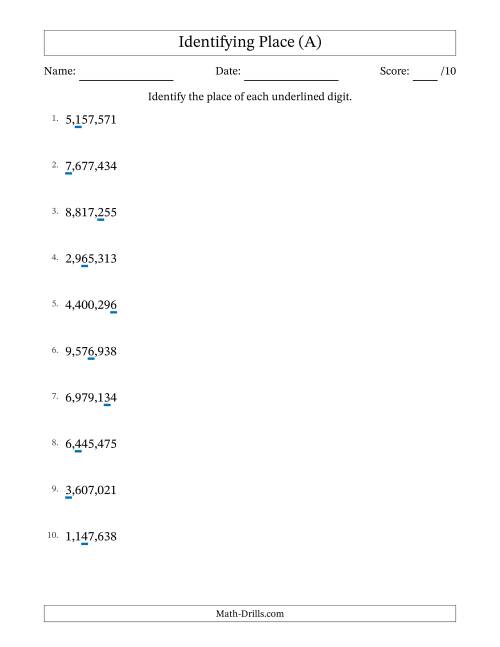The Identifying Place from Ones to Millions (A) Math Worksheet