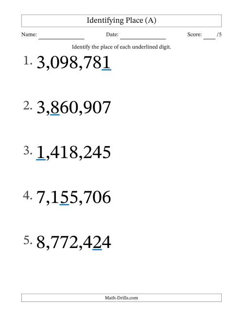 The Identifying Place from Ones to Millions (Large Print) (A) Math Worksheet