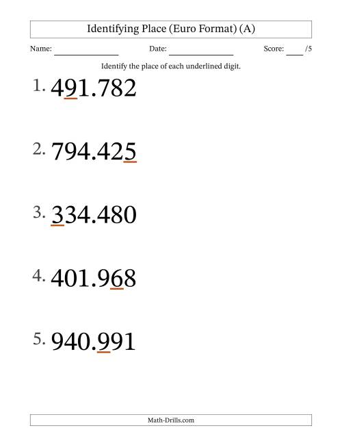 The Euro Format Identifying Place from Ones to Hundred Thousands (Large Print) (A) Math Worksheet