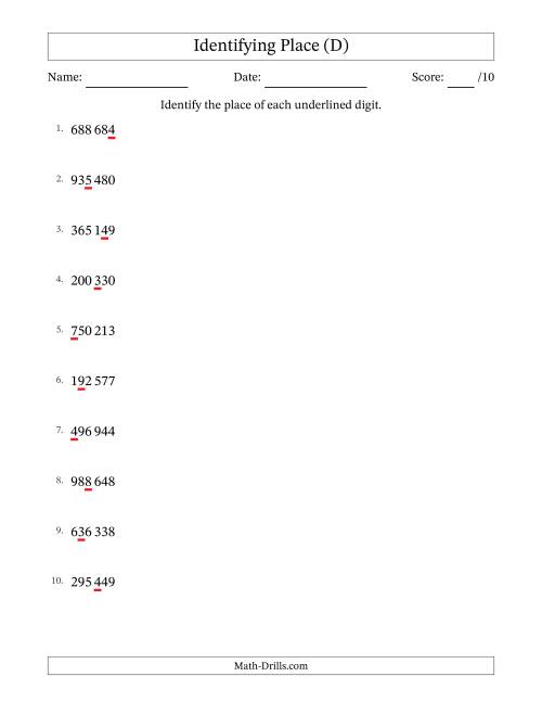 The SI Format Identifying Place from Ones to Hundred Thousands (D) Math Worksheet