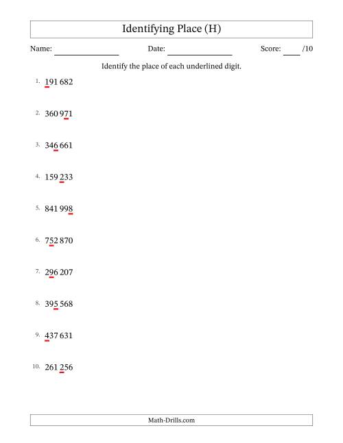 The SI Format Identifying Place from Ones to Hundred Thousands (H) Math Worksheet