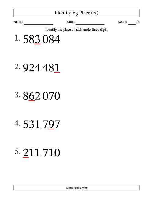 The SI Format Identifying Place from Ones to Hundred Thousands (Large Print) (A) Math Worksheet