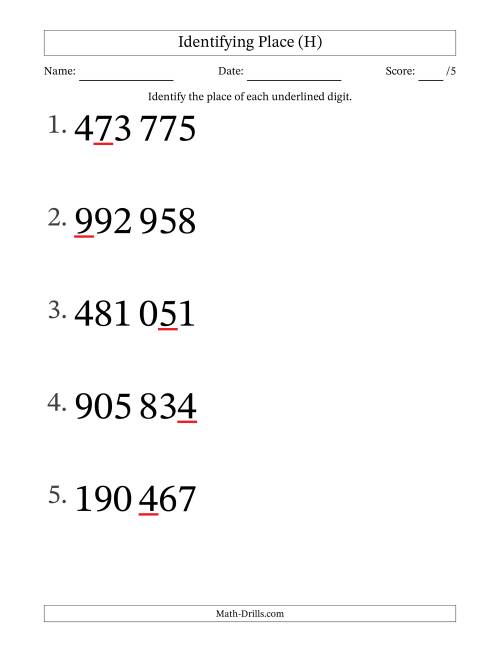 The SI Format Identifying Place from Ones to Hundred Thousands (Large Print) (H) Math Worksheet