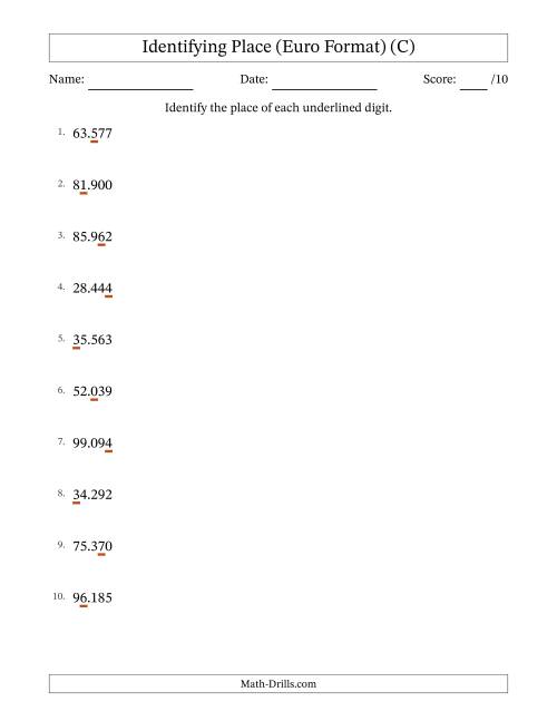 The Euro Format Identifying Place from Ones to Ten Thousands (C) Math Worksheet