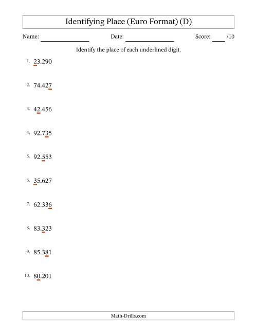 The Euro Format Identifying Place from Ones to Ten Thousands (D) Math Worksheet