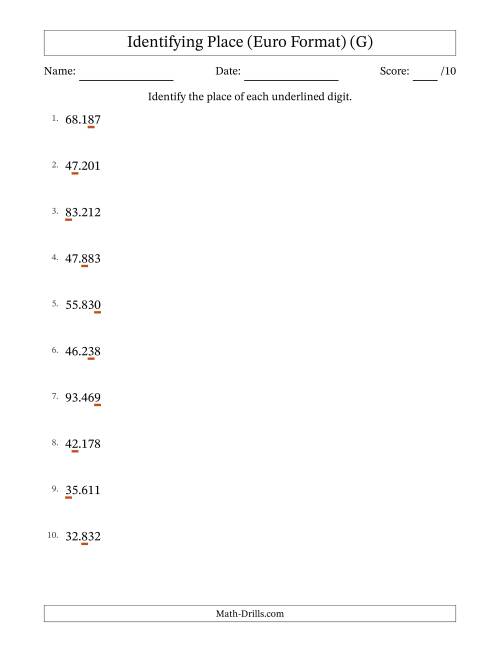 The Euro Format Identifying Place from Ones to Ten Thousands (G) Math Worksheet