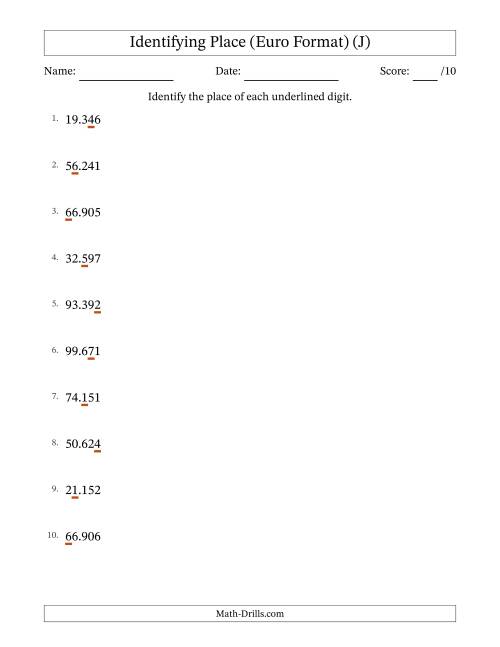 The Euro Format Identifying Place from Ones to Ten Thousands (J) Math Worksheet