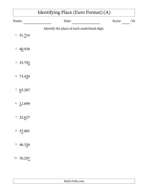The Euro Format Identifying Place from Ones to Ten Thousands (All) Math Worksheet