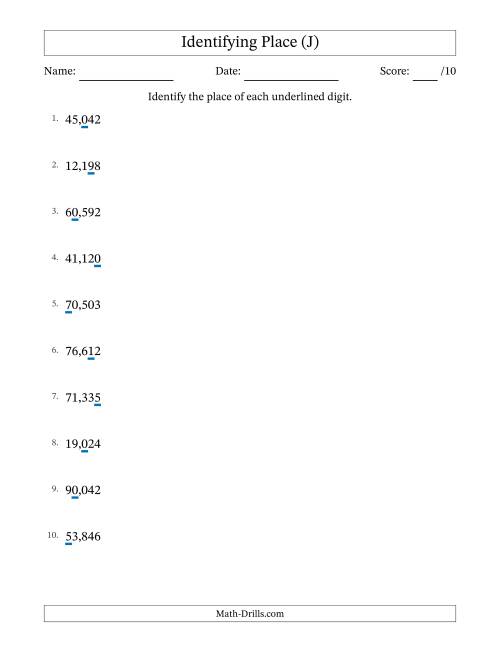 The Identifying Place from Ones to Ten Thousands (J) Math Worksheet
