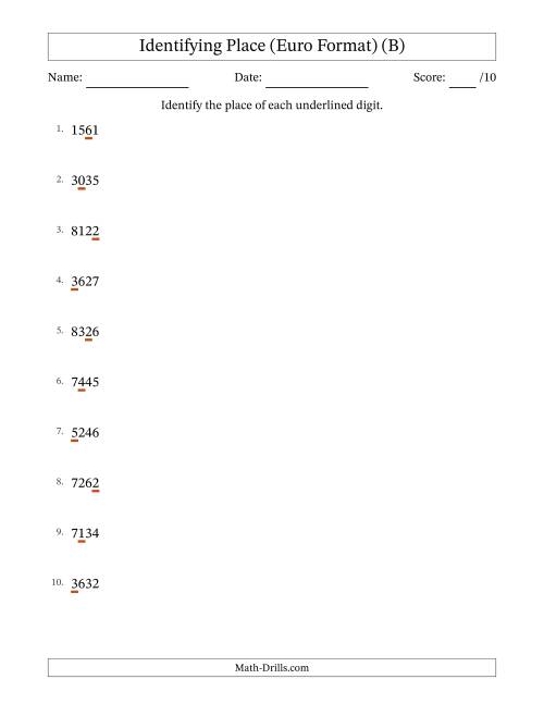 The Euro Format Identifying Place from Ones to Thousands (B) Math Worksheet