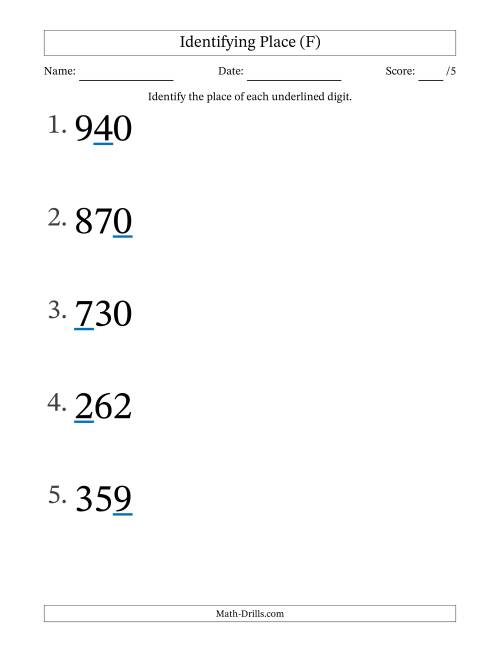 The Identifying Place from Ones to Hundreds (Large Print) (F) Math Worksheet