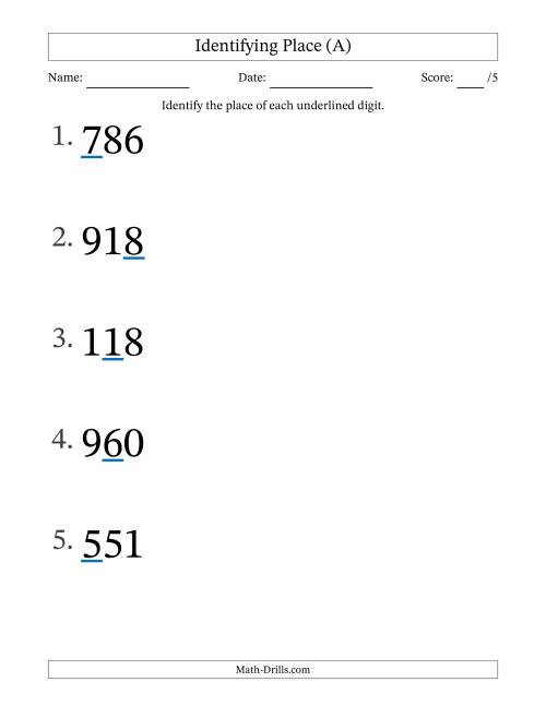 The Identifying Place from Ones to Hundreds (Large Print) (All) Math Worksheet