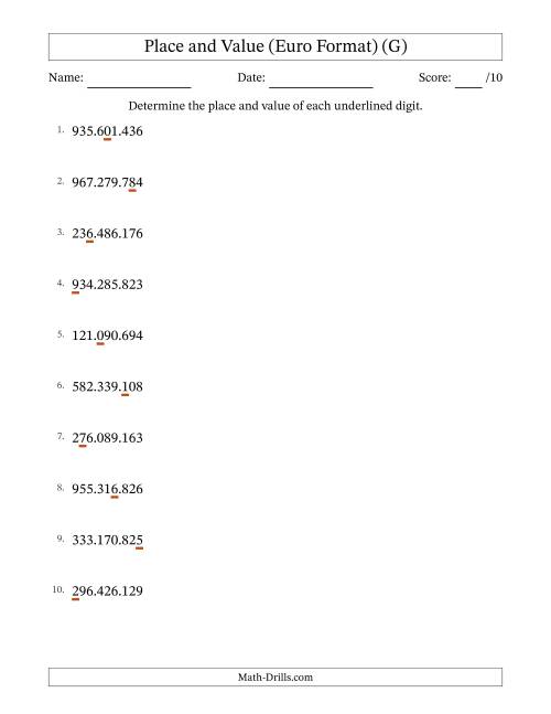 The Euro Format Determining Place and Value from Ones to Hundred Millions (G) Math Worksheet
