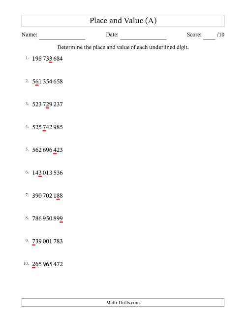 The SI Format Determining Place and Value from Ones to Hundred Millions (All) Math Worksheet