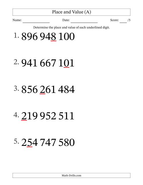 The SI Format Determining Place and Value from Ones to Hundred Millions (Large Print) (A) Math Worksheet