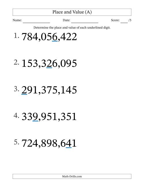 The Determining Place and Value from Ones to Hundred Millions (Large Print) (All) Math Worksheet