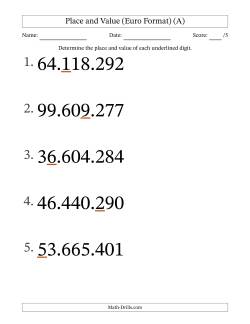 Euro Format Determining Place and Value from Ones to Ten Millions (Large Print)