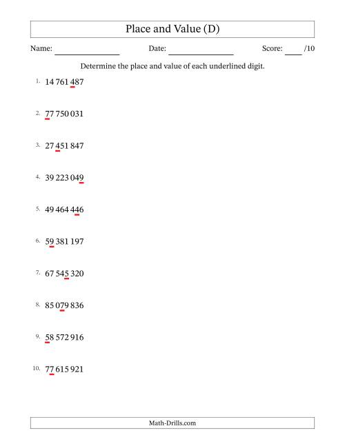 The SI Format Determining Place and Value from Ones to Ten Millions (D) Math Worksheet