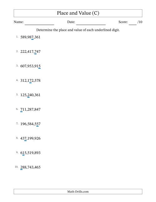 The Determining Place and Value from Ones to Hundred Millions (C) Math Worksheet