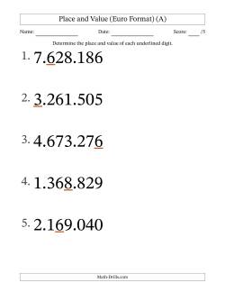 Euro Format Determining Place and Value from Ones to Millions (Large Print)