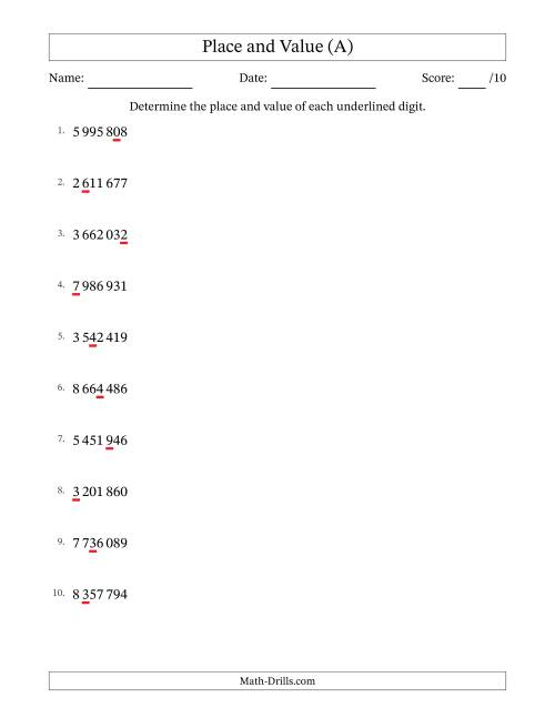 The SI Format Determining Place and Value from Ones to Millions (A) Math Worksheet