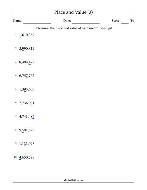 The Determining Place and Value from Ones to Millions (J) Math Worksheet