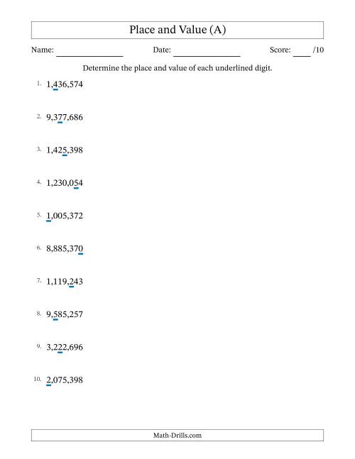 The Determining Place and Value from Ones to Millions (All) Math Worksheet