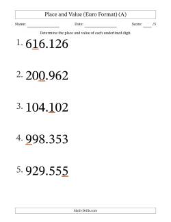 Euro Format Determining Place and Value from Ones to Hundred Thousands (Large Print)