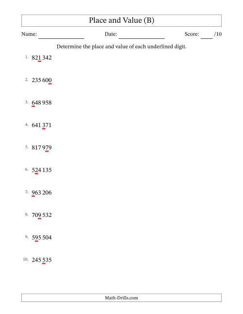 The SI Format Determining Place and Value from Ones to Hundred Thousands (B) Math Worksheet