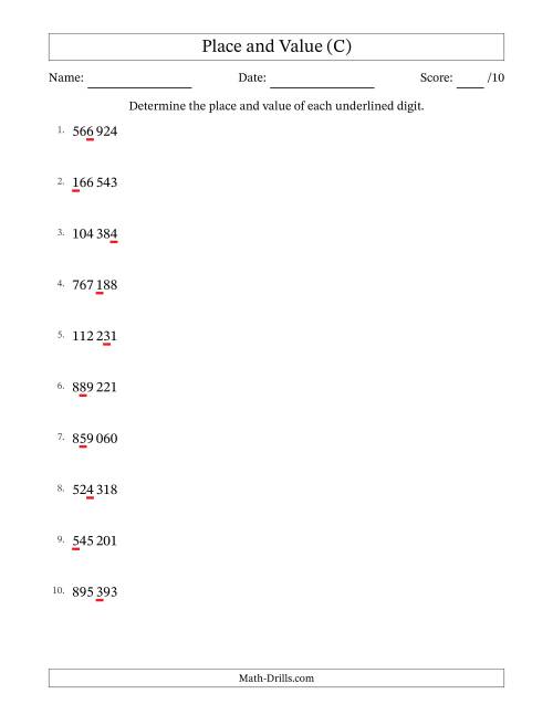The SI Format Determining Place and Value from Ones to Hundred Thousands (C) Math Worksheet