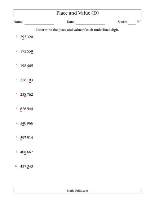 The SI Format Determining Place and Value from Ones to Hundred Thousands (D) Math Worksheet