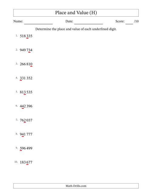 The SI Format Determining Place and Value from Ones to Hundred Thousands (H) Math Worksheet