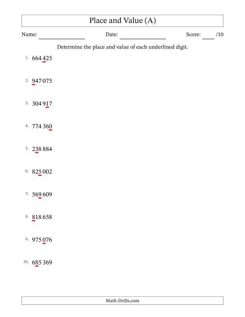 The SI Format Determining Place and Value from Ones to Hundred Thousands (All) Math Worksheet