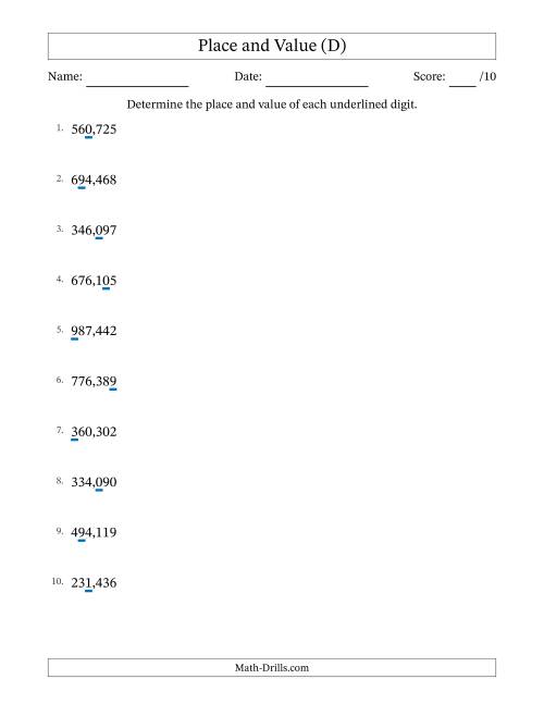 The Determining Place and Value from Ones to Hundred Thousands (D) Math Worksheet