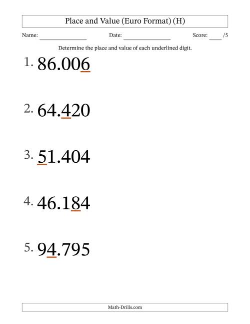 The Euro Format Determining Place and Value from Ones to Ten Thousands (Large Print) (H) Math Worksheet