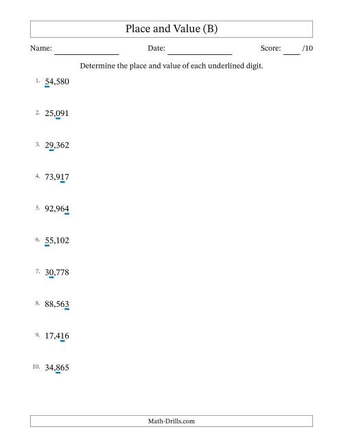 The Determining Place and Value from Ones to Ten Thousands (B) Math Worksheet