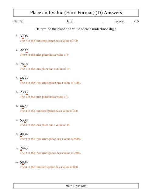 The Euro Format Determining Place and Value from Ones to Thousands (D) Math Worksheet Page 2