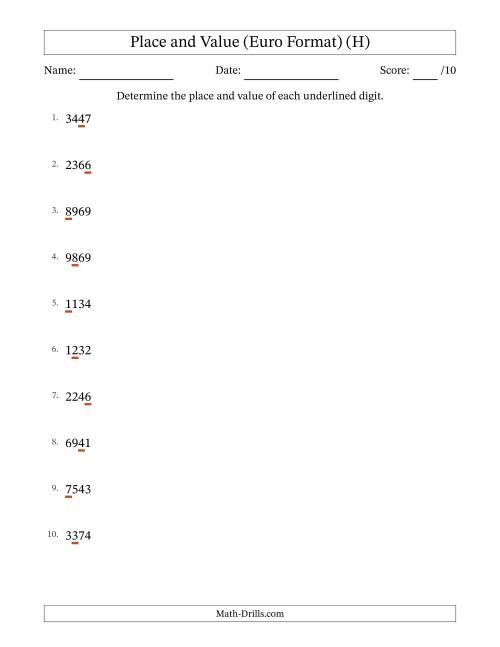 The Euro Format Determining Place and Value from Ones to Thousands (H) Math Worksheet