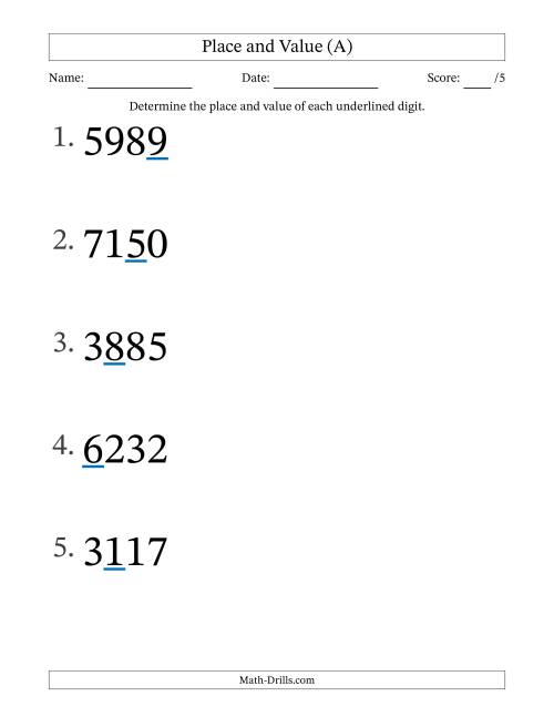 The Determining Place and Value from Ones to Thousands (Large Print) (A) Math Worksheet