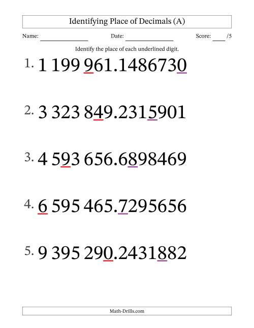 The SI Format Identifying Place of Decimal Numbers from Ten Millionths to Millions (Large Print) (A) Math Worksheet