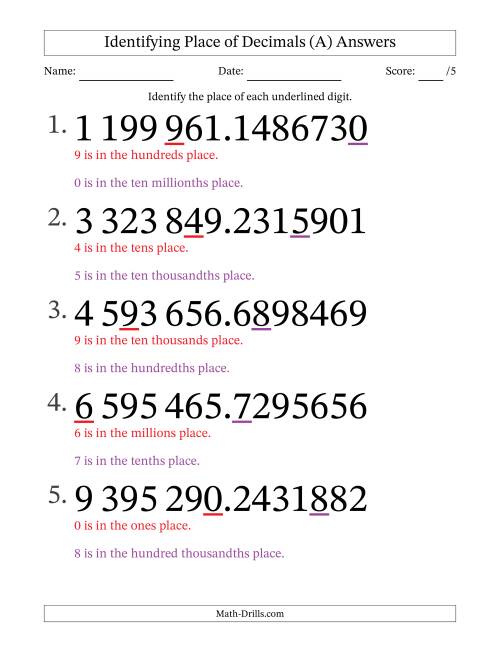 The SI Format Identifying Place of Decimal Numbers from Ten Millionths to Millions (Large Print) (A) Math Worksheet Page 2