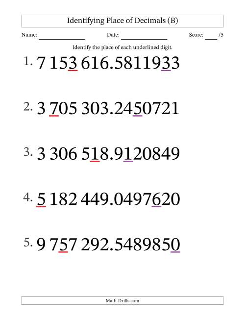 The SI Format Identifying Place of Decimal Numbers from Ten Millionths to Millions (Large Print) (B) Math Worksheet