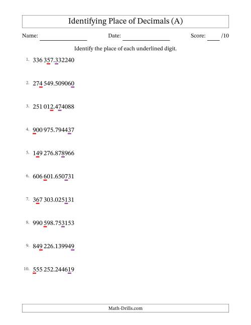 The SI Format Identifying Place of Decimal Numbers from Millionths to Hundred Thousands (A) Math Worksheet