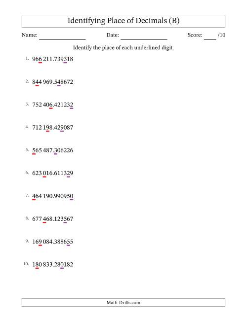The SI Format Identifying Place of Decimal Numbers from Millionths to Hundred Thousands (B) Math Worksheet