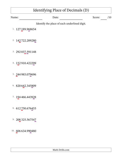 The SI Format Identifying Place of Decimal Numbers from Millionths to Hundred Thousands (D) Math Worksheet