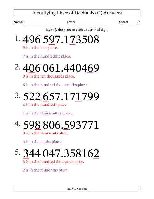 The SI Format Identifying Place of Decimal Numbers from Millionths to Hundred Thousands (Large Print) (C) Math Worksheet Page 2